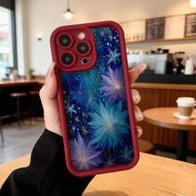 Funda para telefono con borde negro azul oscuro estampado floral galaxia estrellas y flores brillantes para uso diario en cafeterias y salones,Aplicable a los teléfonos de la serie Apple y Galaxy - Burdeos - Ver 2