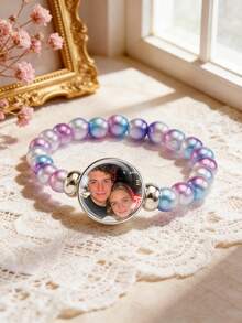 Customized Photo Beaded Bracelet, Customized Colorful Gemstone Glass Beaded Bracelet, Personalized Photo Pendant Elastic Bracelet, Cute And Personalized, Can Inlay Couple Or Family Photos, Gift For Women, Men, Couples Or Friends, Perfect For Gifting And Daily Fashion Wear. Perfect Gift For Birthday, Valentine's Day And Anniversary. - Multicolor - View 7