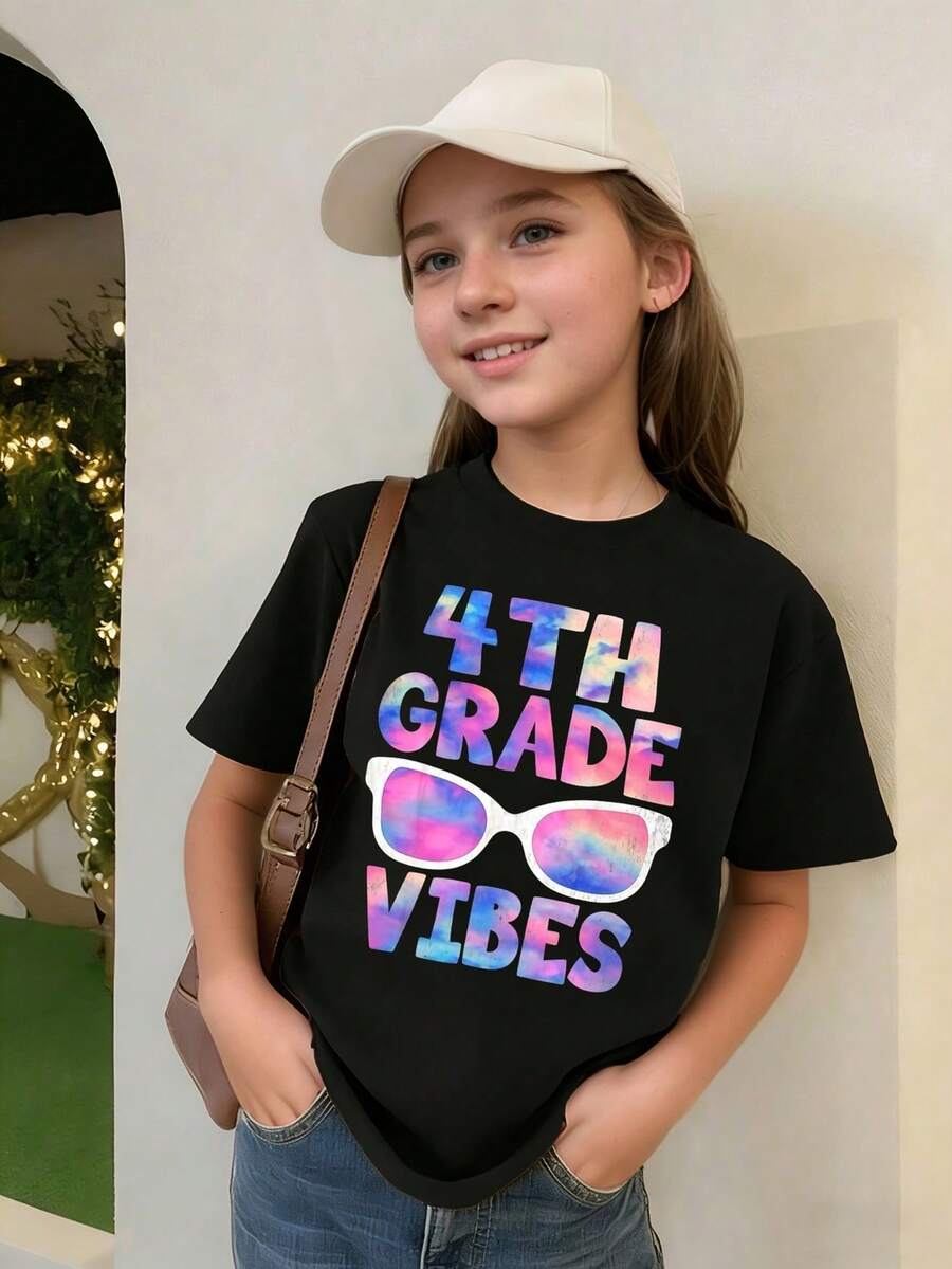 少女圆领字母眼镜印花休闲百搭日常短袖T恤 - 黑色 - 查看 1