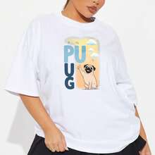 Camiseta holgada con estampado de perro pug, ropa casual de verano, top con gráfico de animal lindo, camiseta de mujer de algodón suave. - Blanco - Ver 3