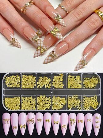 12 Grids Gold Ribbon Bow Knot Metal Cute Nail Decoration Nail Charms Ribbon Bow Design Mixed Styles Sizes Kawaii Japanese Style Nail Jewelry Accessories Nail Supplies For Home Diy Salon Nail Art Nails Nail Gems