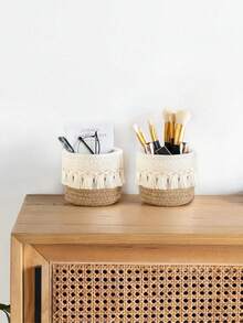 1pc Handmade Woven Cosmetic Storage Box, Makeup Organizer, Mini Basket, Boho Decor Basket, Small Storage Basket, Boho Beach Style Room Decor, Makeup Brush Holder, Brush Holder, Ivory Color Pouch, Brush Holder, Brush Rack, Perfume Storage Box, Cosmetic Bag, Gift For Her, Christmas Gift, Ideal For Bedroom, Living Room, Office, Back To School , Makeup Room Decor - Multicolor - View 2