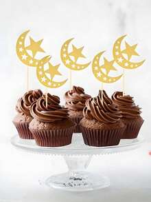 12pcs Glitter Moon And Star Eid Cupcake Toppers, Ramadan Karim Party Supplies, Islamic Muslim Party Decorations, Festive Celebration, Star Decorations, Decorative Cake Toppers, Durable Party Supplies, Cake Decorations, Event Planners, Family - Multicolor - View 2