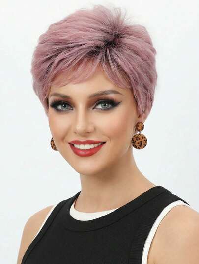 Women's Short Pixie Wig Gradient Pink Or Grey Short Wig With Bangs, Layered Short Cut, Voluminous Synthetic Brown Roots Hair For Women, Suitable For Daily Party Music Festival&Carnival Use