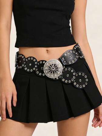 1 pieza Cinturón vintage bohemio de patchwork, cinturón de moda casual punk con hebilla hueca de remaches plateados, accesorio de moda para mujer, adecuado para pantalones, vestidos, ropa casual, apropiado para salidas casuales, fiestas, compras, citas, campus, calle, festivales de música, playa, vacaciones