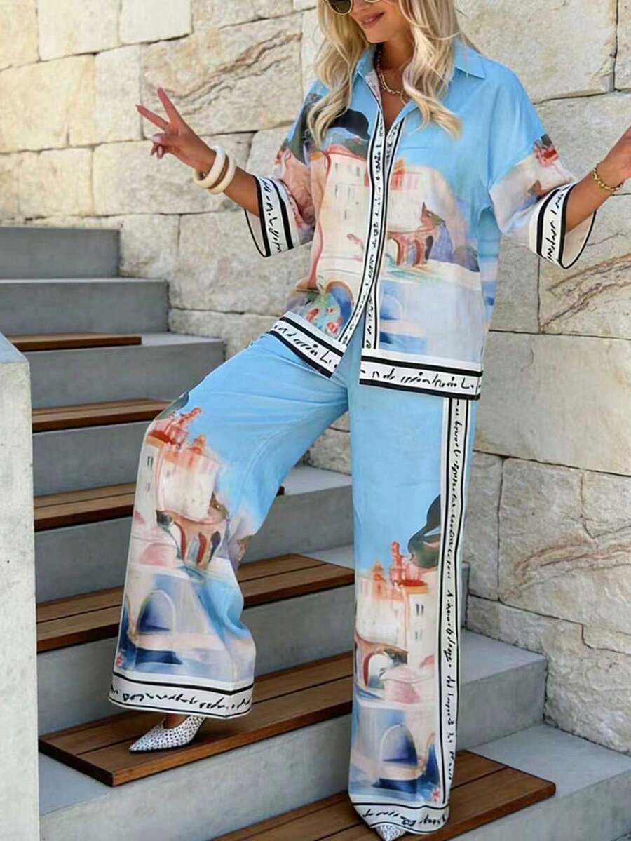 بلوزة فضفاضة مطبوعة بأسلوب كاجوال، طقم أكمام قصيرة، أسلوب بوهيمي كاجوال مع جيب للارتداء اليومي والعطلات الشاطئية - الأزرق - مشاهدة 1