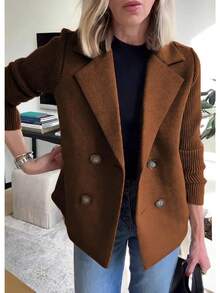 Women's Double Breasted Wool Pea Coat Notched Lapel Ribbed Knit Long Sleeve Sweater Short - Black - View 5