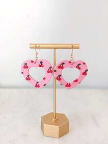 Tsnamer Brincos Pingente de Argila Polimérica em Formato de Coração com Estampa de Cereja, Joias do Dia dos Namorados, Estilo Retrô Fofo Lolita, Brincos de Pressão