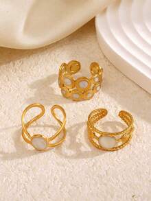 3件套不锈钢时尚白色滴油圆戒指，适合女性日常及派对佩戴的高级珠宝