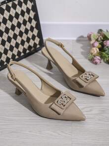 Women's Pointed Toe Backless Sandals, Multi-Color Versatile Small Buckle Elegant High Heels, Suitable For Dates, Parties, Weddings, And Commuting, Spring/Summer - Light Khaki - View 11