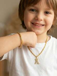 2pcs/Set Classic Gold Stainless Steel Cubic Zirconia Letter Pendant Necklace & Bracelet Jewelry Set, Street Fashion Accessories For Kids - Gold - View 1