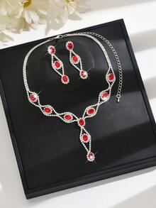 Conjunto de joyería nupcial - Collar y aretes con gota enjoyada con brillantes, adecuado como regalo del Día de San Valentín - Rojo - Ver 2