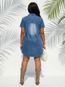 Women's Denim Shift Dress Short Sleeve - Relaxed Fit With Button Flap Pocket (European Summer Dress Washed Denim) - Rửa trung bình - Xem 3