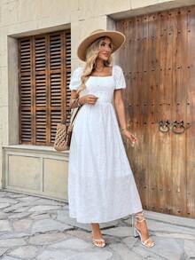 Elegant Printed Long Dress, Spring Style, Lined With Elastic, Short Puff Sleeves, Spring/Summer Fashion - trắng - Xem 3