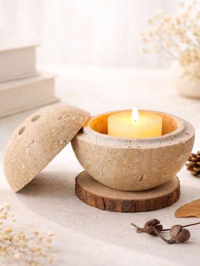 一套侘寂风格石纹球形烛台，可拆卸碗设计，桌面装饰