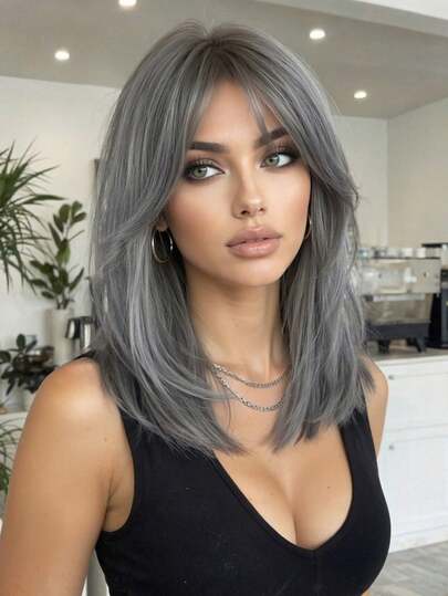 16-Inch Long, Straight Wig With Bangs, In An Elegant Gray Color, Available In Multiple Colors. This High-Quality, Comfortable, And Stylish Synthetic Wig Is Perfect For Everyday Wear And Is Offered At A Special Discounted Price.