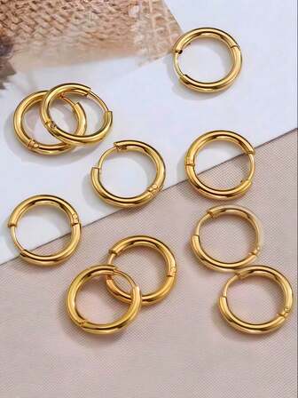 10pcs Stainless Steel Gold Color Earrings, Unisex, Punk Hip-Hop Style, Fashion Jewelry, Piercing Accessories