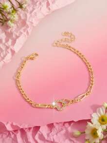 1pc Fashionable Women's Chain Bracelet With Hollow Double Heart Rhinestone Inlay Design - Multicolor 22 - View 5