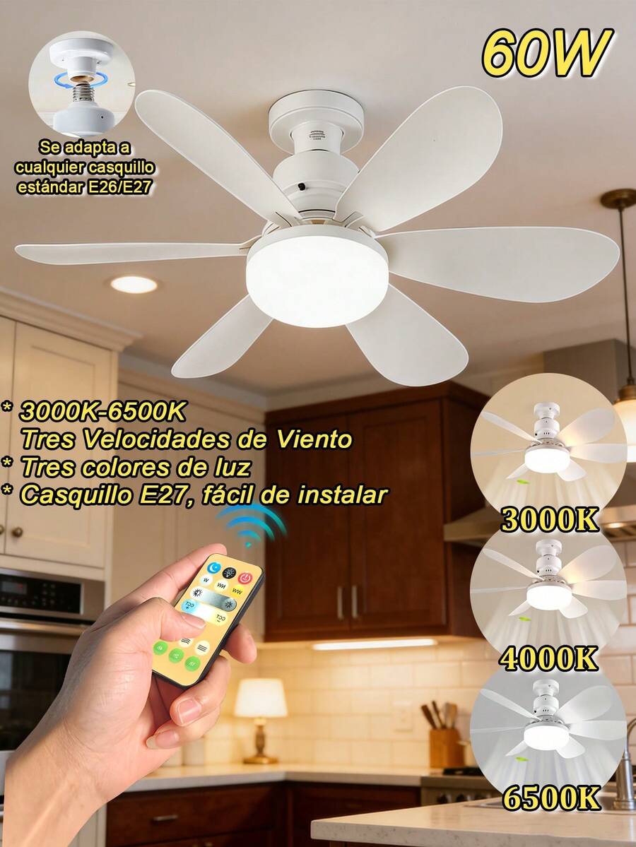 Ventilador con luz de casquillo de 50W/60W, ventilador de techo de 20.5" con luz y control remoto, ventilador de casquillo E27 con LED para baño, dormitorio, ventilador LED blanco,bombilla de base E27, 3 colores 3000K-6500K, ventilador con luz regulable para garaje, baño, dormitorio, cocina, 4000 lúmenes.