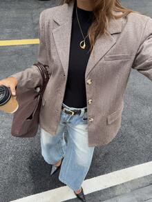 بليزر كاجوال جديد للنساء، طراز الشارع الشائع للتنقل اليومي، خريف/شتاء - بني فاتح - مشاهدة 3