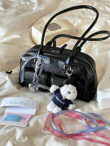 Women's Horizontal Boston Bag With Ribbon Decoration, Large Capacity, Lightweight PU Material, Fashionable & Cute, Popular Model, Perfect For Commuting To Work Or School - Black - View 1