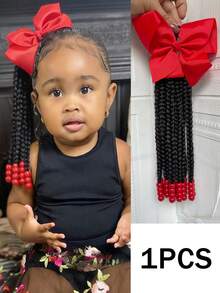 1pc Kids Ponytail Hair Extension Braid Girls Braided Hair Band & Bow Clip For Girls Beads Detachable Reusable - Natural Black - View 12