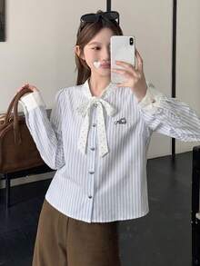 条纹前开襟纽扣家居服长袖衬衫