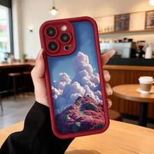 Cubierta de teléfono con borde negro diseño de montaña con nubes y flores rosadas para uso diario en cafeterías y espacios interiores,Aplicable a los teléfonos de la serie Apple y Galaxy - Burdeos - Ver 2