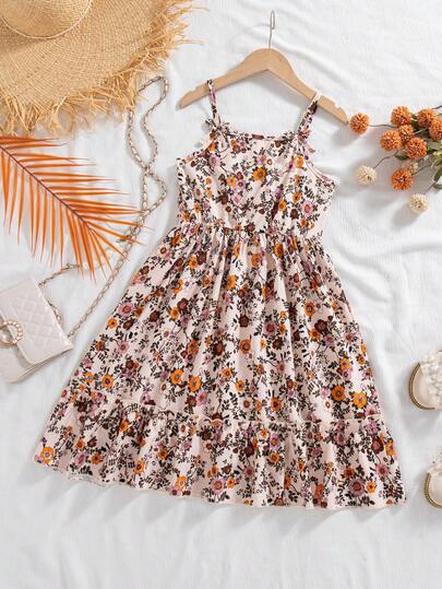 Girls Casual Floral Print Decor Bow Sleeveless Knee-Length Dress With Ruffle Hem, Spring/Summer