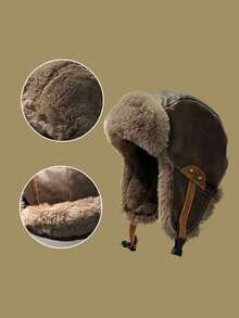 1顶纯色休闲复古街头PU（聚氨酯）抓绒冬帽，男女通用保暖内衬PU皮革新款户外东北防风护耳帽，秋冬滑雪帽度假装扮 - 彩色 - 查看 1