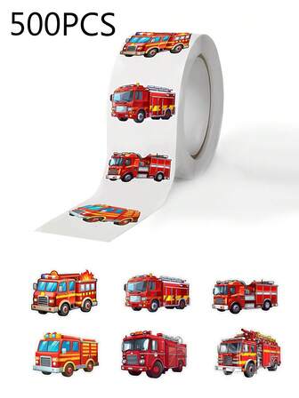 500pcs Fire Truck Sticker Roll, Cute Cartoon Fire Engine Vehicle Stickers, Suitable For Party Decorations, Water Bottles, Notebooks, Laptops, Fridges, Skateboards, Easter Gifts, Back To School Supplies
