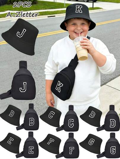 2pcs/Set Kids Bucket Cap 26 Letters Printed Truck Driver Hat And Chest Bag Set, Fashionable Casual Sun Hat, Convenient Mini Coin Purse, Suitable For Boys Girls Back To School Daily Wear, Outdoor Activities, Holiday Travel,Birthday Gift