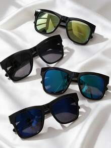 4 Pairs Fashionable Retro Black Square Frame Fashion Glasses, Perfect For Outdoor Travel And Cycling - Multicolor - View 3