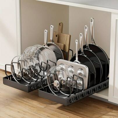 Expandable Pot And Pan Organizer Rack - 7 Stainless Steel Adjustable Dividers For Kitchen Cabinet Organizer & Storage, Durable And Rust Resistant