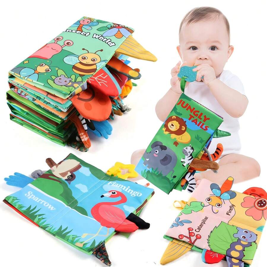 Baby Cloth Book With Animal Tails - Touch & Feel Crinkle Sensory Toy , Teething Tummy Time - Multicolor - View 1