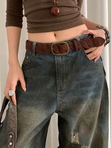 1pc Women's Coffee Color Solid PU Leather Criss-Cross Wavy Vintage Bohemian Versatile Belt - Coffee - View 4