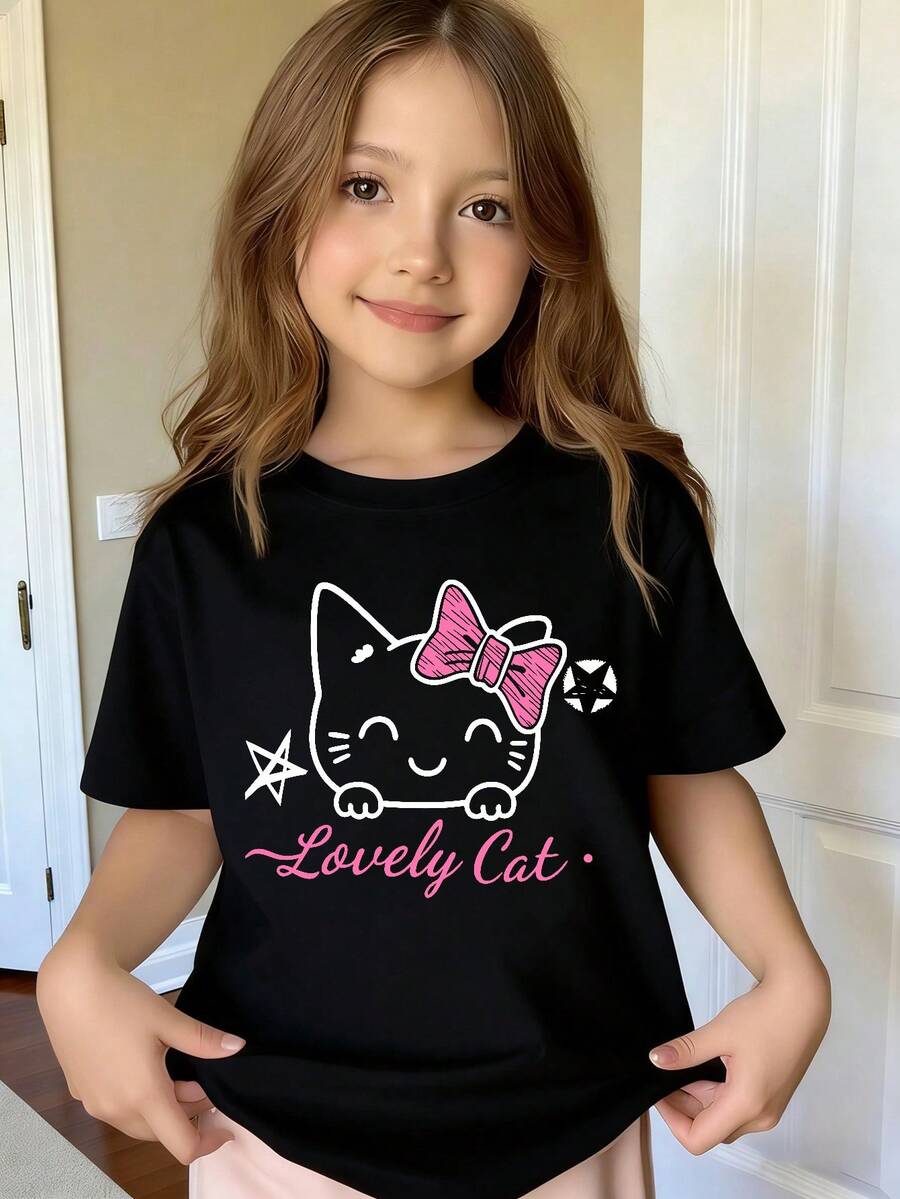 Girls' Short Sleeve T-Shirt With Bow And Cat Pattern, Loose Casual, Versatile Children's Clothing, Girls' Apparel - Black - View 1