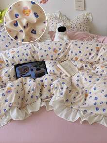 4pcs Lace Bedding Set, Soft & Comfortable Bedroom Linens, Lace Design, Cartoon Heart & Leopard Print Pattern, Breathable & Soft All-Season Bedding Set Including 1 Duvet Cover, 1 Bed Sheet, 2 Pillow Shams, No Filling, Suitable For Bedroom, Dorm, Home Use, Multiple Sizes Available