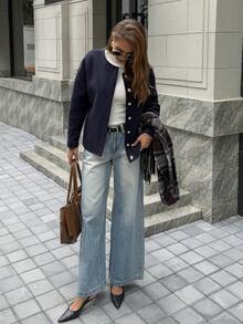 جاكيت كاجوال يومية بياقة مستديرة، أزرق داكن - أزرق بحري - مشاهدة 5