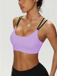 女士纯色圆领交叉可拆卸衬垫时尚针织运动文胸（春季款） - 彩色 - 查看 4