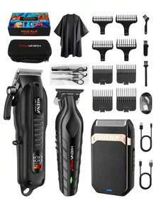 HIENA Professional Men's Hair Clipper And Shaver Set, 5-Piece/3 PiecesSingle Unit Optional, USB Rechargeable Cordless Hair Clipper With LED Display, Lithium Battery, Mini Body, Multiple Accessories, Suitable For Beginner Barbers And Home Use, Exquisite Gift Box Packaging, Create Your Own Men's Hair Clipper Set - Black - View 11