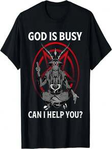 Men'S "God Is Busy, Can I Help You?"Satan Pentagram Graphic T-Shirt - 100% Cotton 180gsm Soft Breathable Fabric, Edgy Casual Streetwear Short Sleeve Round Neck Tee For Summer, Bold Statement Gift For Men, Comfortable Fit, Edgy Design, Breathable| Edgy Graphic Tee| Smooth Texture Fabric - 黑色 - 查看 2