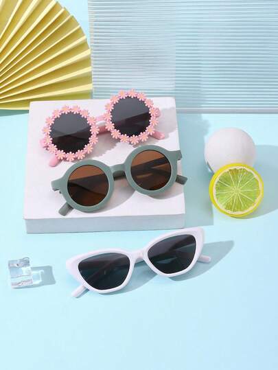 一套3副，男女童3-8岁聚碳酸酯圆形猫眼框眼镜，可爱百搭时尚，适合户外活动，带眼镜盒