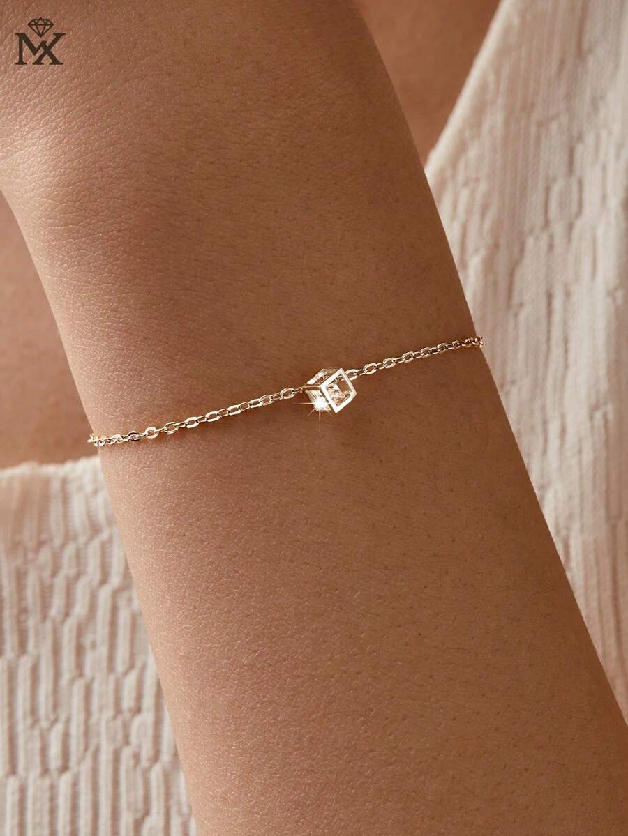 SYMFNY 1pc 925 Sterling Silver Minimalist Cubic Zirconia Pendant Bracelet