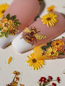 1Pc Floral Bee Nail Stickers For Flower Nail Art Stickers Summer Floral Leaf Plant 5D Embossed Nail Decals Self-Adhesive Nail Art Supplies Manicure Sliders Flower Stickers For Nails Art Decoration - 彩色 - 查看 7
