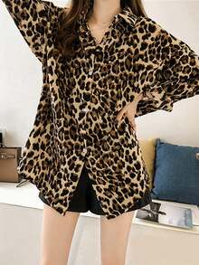 Moda suelta grandes yardas camisa de leopardo de impresión femenina de primavera y otoño de Hong Kong gusto solapa de manga larga de la sección de fondo largo tops desgaste exterior blusas para mujer fiesta - Marrón - Ver 5