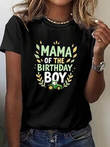 Plus Women Women Mama Of The Birthday Tractor Print T-Shirt Casual Crew Neck Short Sleeve Lightweight Perfect For Spring Summer Celebrations Casual Summer Wear Playful Graphic Tee Comfortable Fit L-5XL - Black - View 1