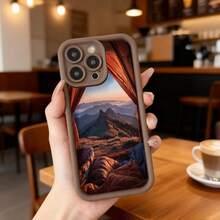 Cubierta de teléfono con borde negro diseño de cortinas abiertas paisaje montañoso al atardecer para uso diario y viajes,Aplicable a los teléfonos de la serie Apple y Galaxy - Café integral - Ver 7