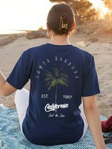 女士休闲圆领棕榈树字母印花度假风短袖T恤上衣，白色和粉色夏季款 - 藏蓝色 - 查看 6