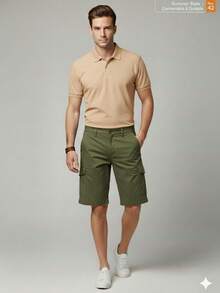 Sporty Slim Cargo Shorts, Summer, Loose Fit, Pocket, Drawstring, Button, Halloween, Christmas - Army Green - View 2